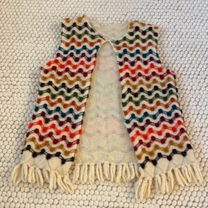 Raised Ball Zig Zag Fall Colors Vest Button Top Fringed Granny Core Vintage UGLY